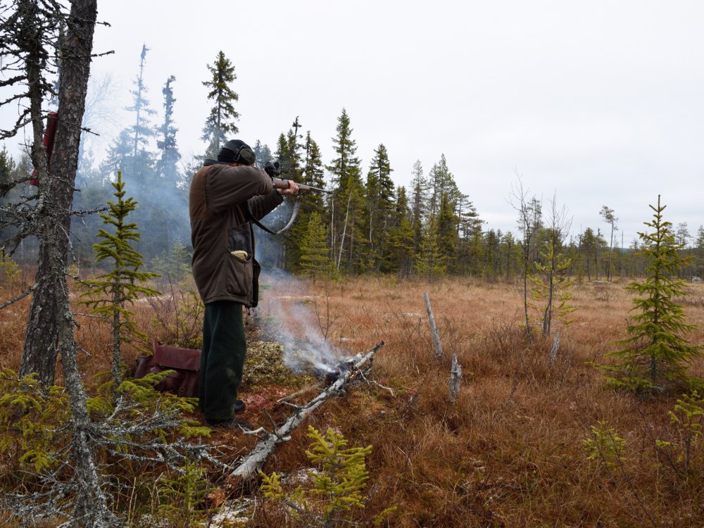 Moose hunter with a little fire standing and aiming, picture from the North of Sweden.