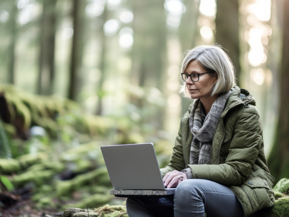 Lifestyle portrait photography of a glad mature woman using the laptop against a moss-covered forest background. With generative AI technology